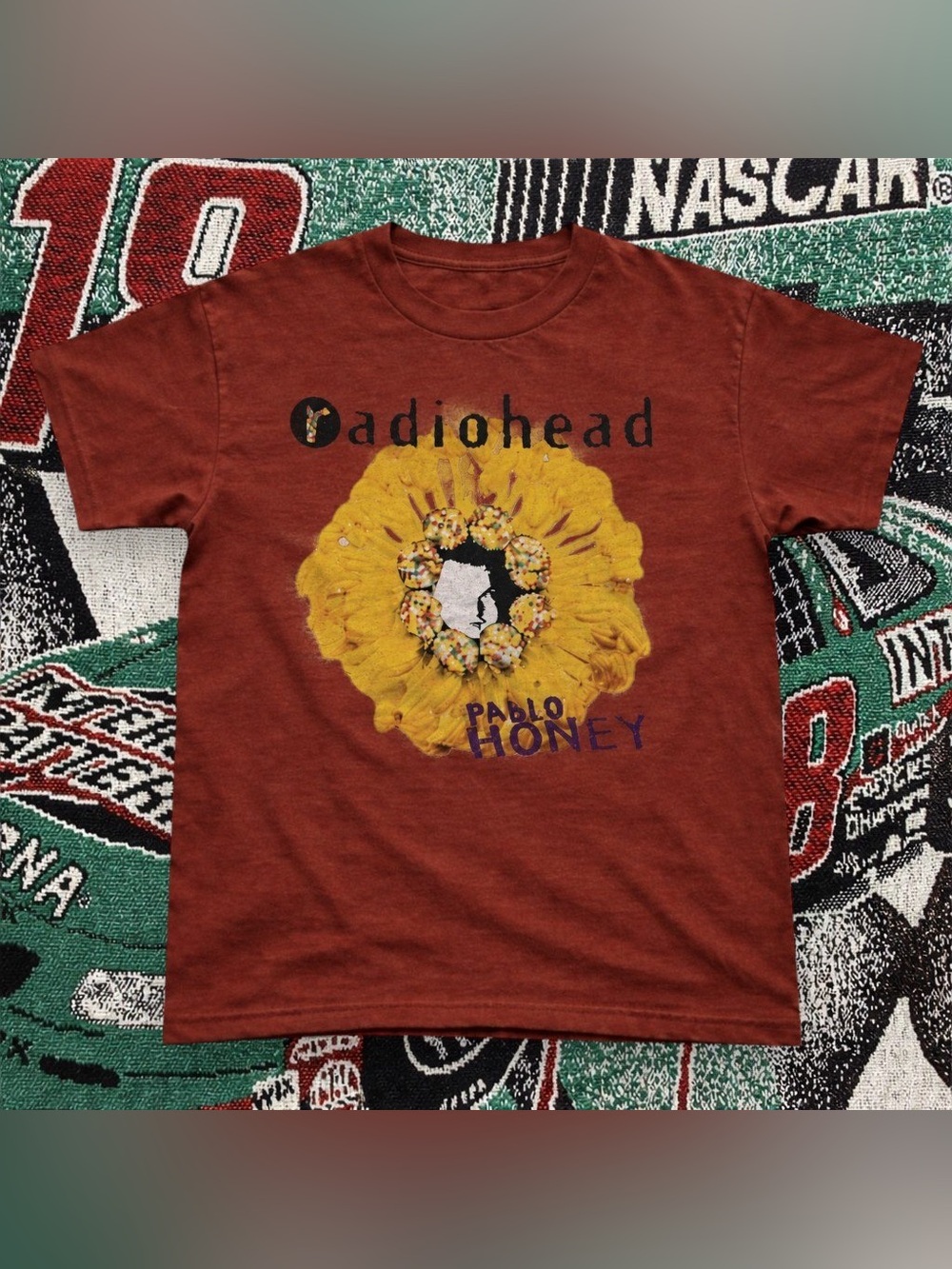 Gildan Rust Short-Sleeve Radiohead Pablo Honey Tee with Yellow Floral Graphic